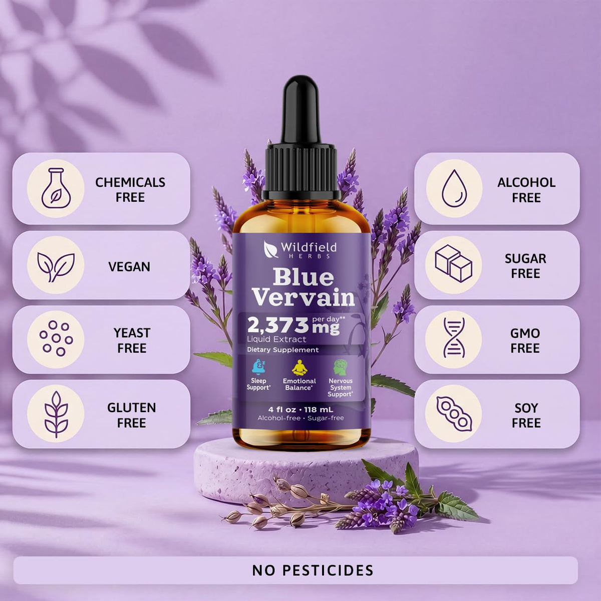 Flacon d'extrait de verveine bleue avec étiquette visible