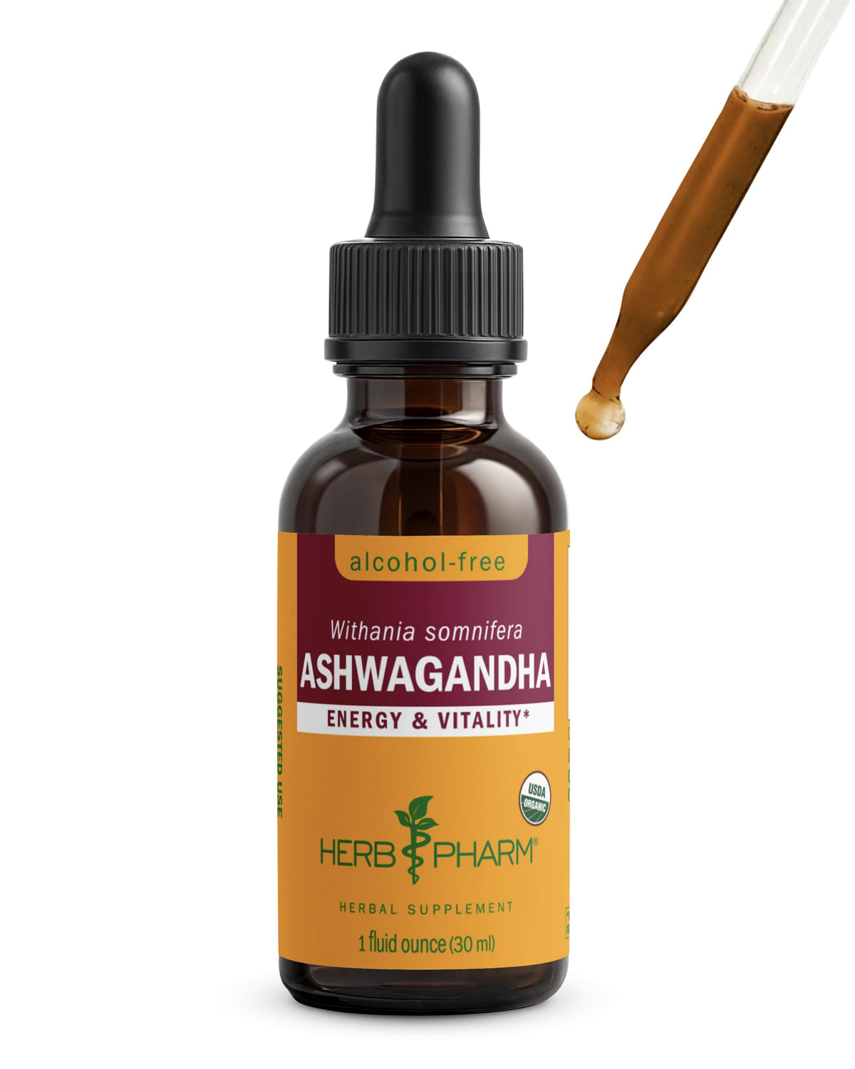Flacon d'extrait liquide d'Ashwagandha bio Herb Pharm, 1 Oz