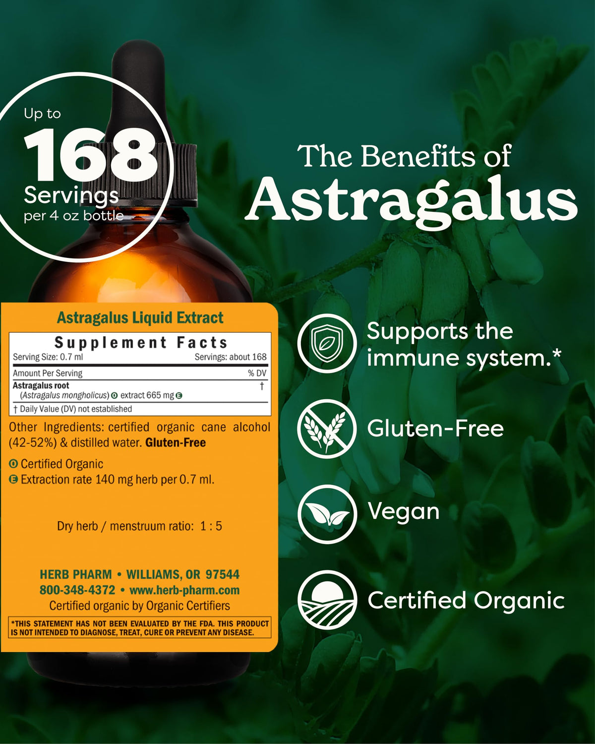 Flacon d'extrait liquide d'Astragale Bio Herb Pharm 120 ml avec étiquette