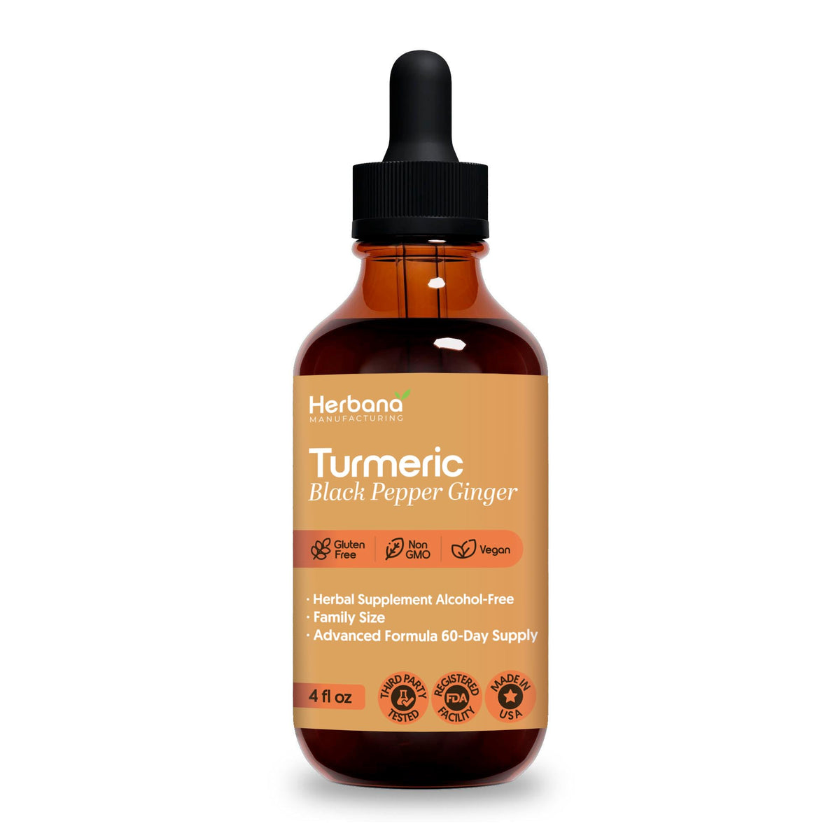 Flacon d'extrait liquide de curcuma HERBANA avec étiquette détaillée