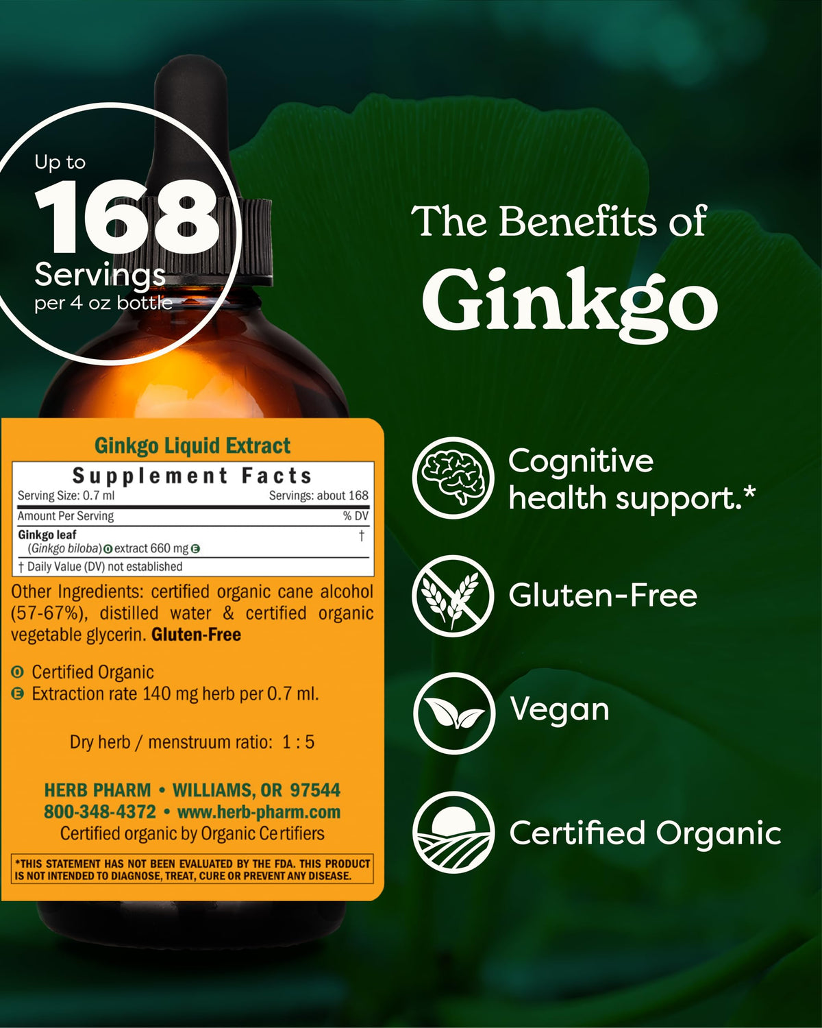 Flacon d'extrait liquide de Ginkgo Biloba Herb Pharm avec étiquette