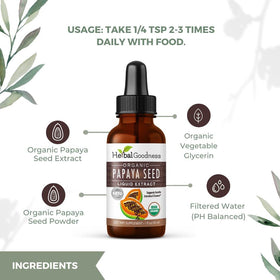Flacon d'extrait liquide de graines de papaye Herbal Goodness sur un fond neutre