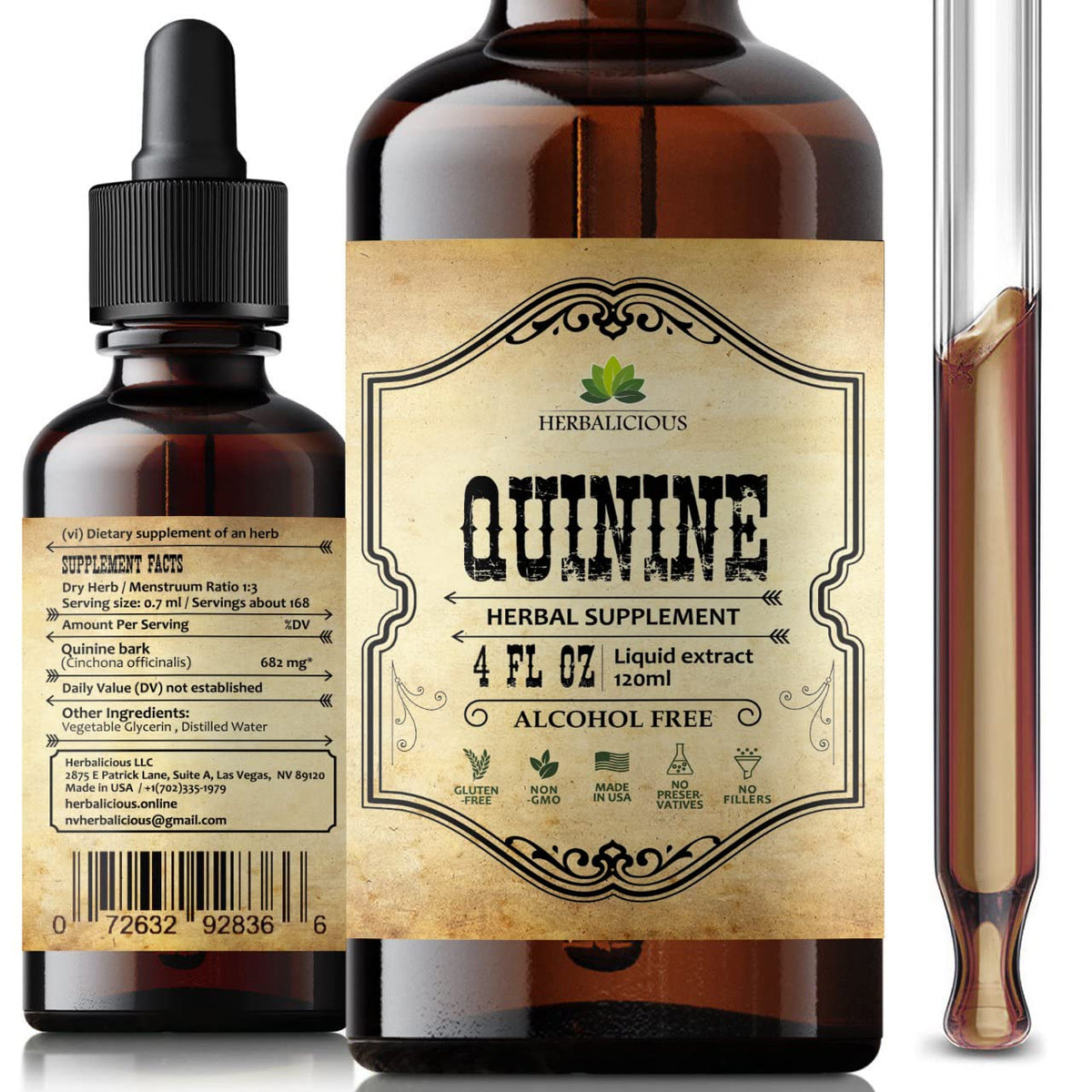 Flacon d'extrait liquide de quinine HERBALICIOUS 120 ml vue de face