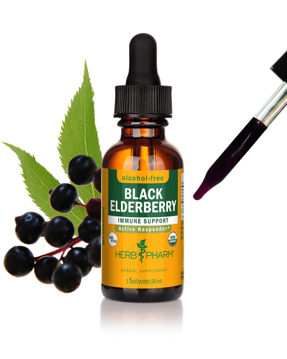 Flacon d'extrait liquide de sureau noir bio Herb Pharm, 30 ml