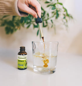 Flacon d'extrait liquide Triphala sur fond naturel