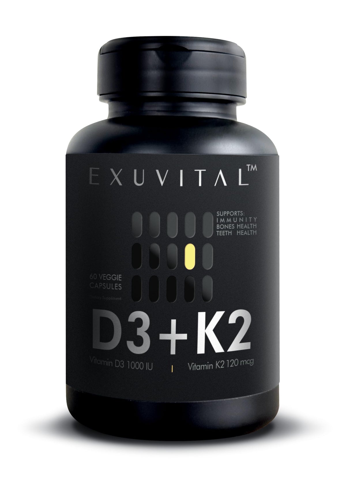 Flacon d'EXUVITAL D3 & K2 60 capsules végétales vue de face