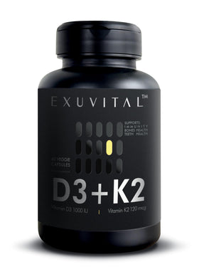 Flacon d'EXUVITAL D3 & K2 60 capsules végétales vue de face