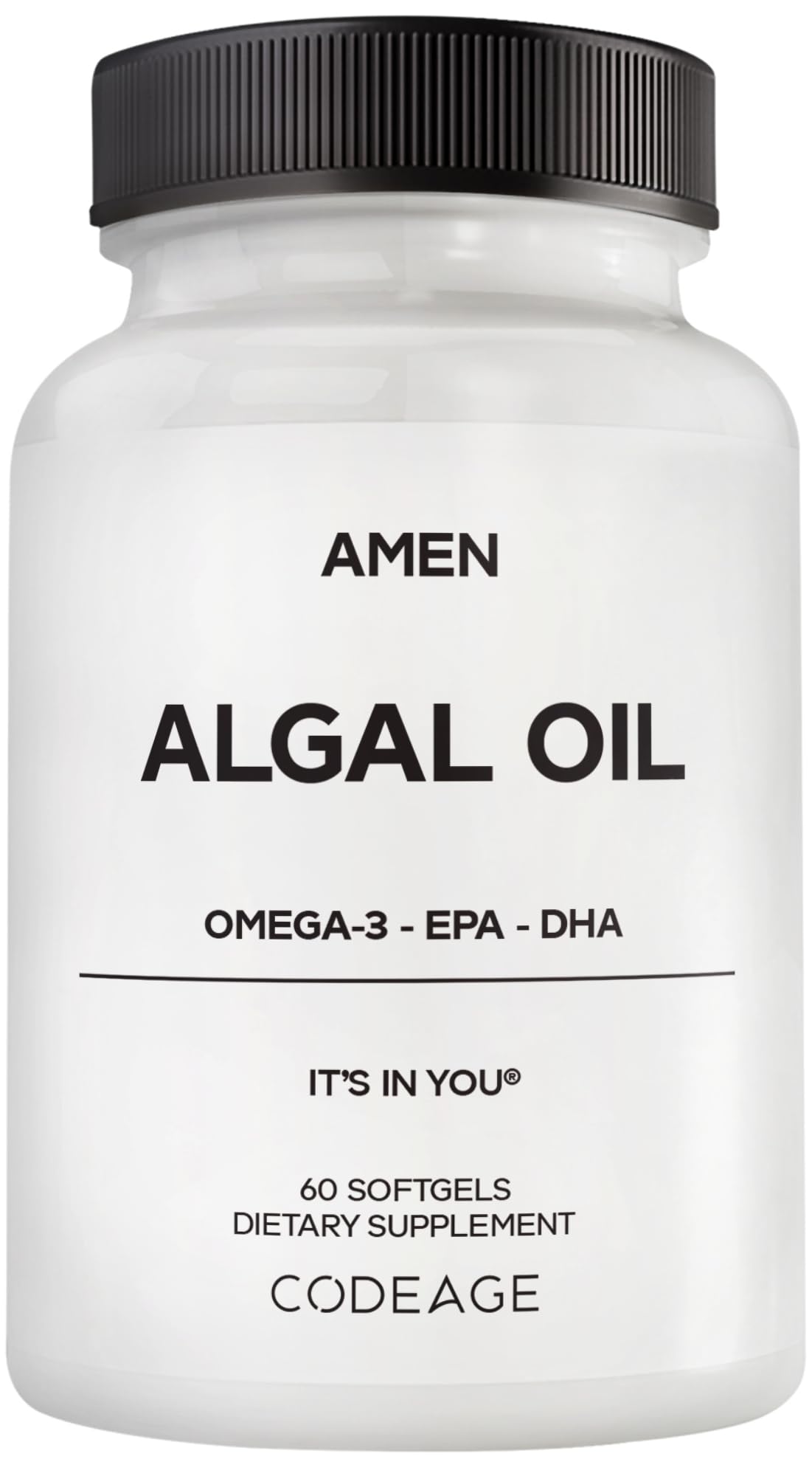 Flacon d'huile d'algue Amen Omega-3 1000 mg vue de face