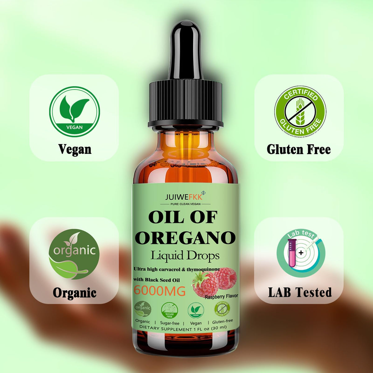 Flacon d'huile d'origan avec goût de framboise