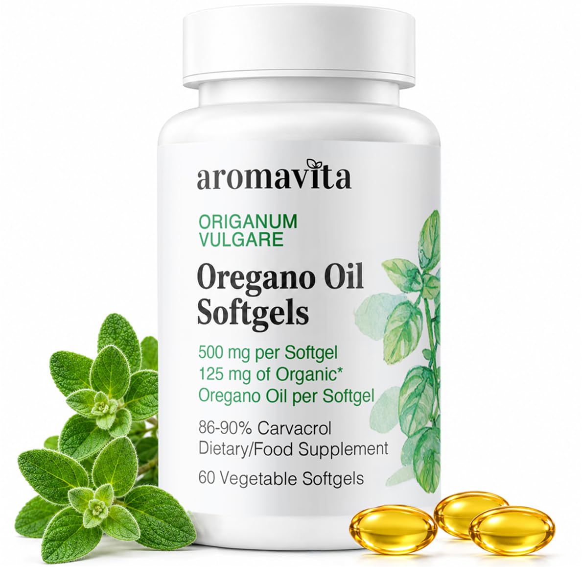 Flacon d'huile d'origan bio AROMAVITA avec 60 gélules végétales