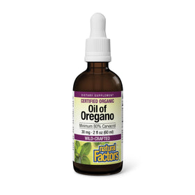 Flacon d'huile d'origan bio Natural Factors 60 ml avec étiquette