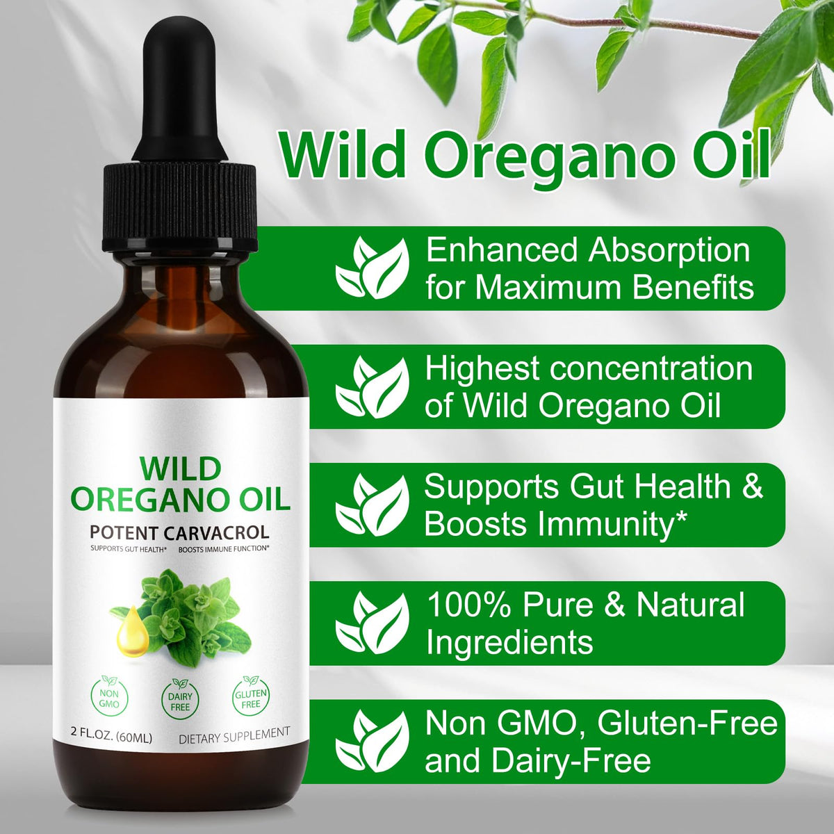 Flacon d'huile d'origan bio Ruduwu sur fond blanc
