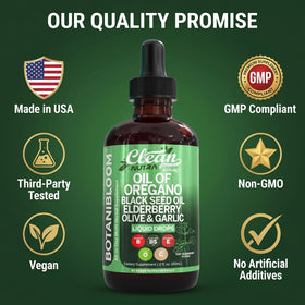 Flacon d'huile d'origan Clean Nutraceuticals sur une table en bois