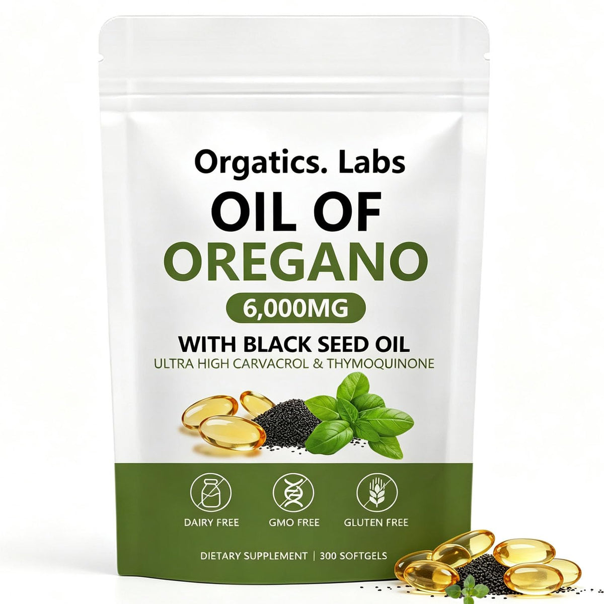 Flacon d'huile d'origan et huile de graines noires Orgatics. Labs 6 000 mg