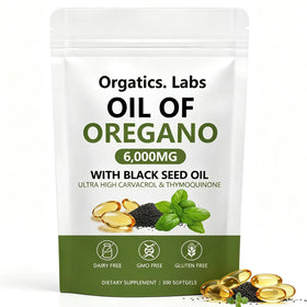 Flacon d'huile d'origan et huile de graines noires Orgatics. Labs 6 000 mg