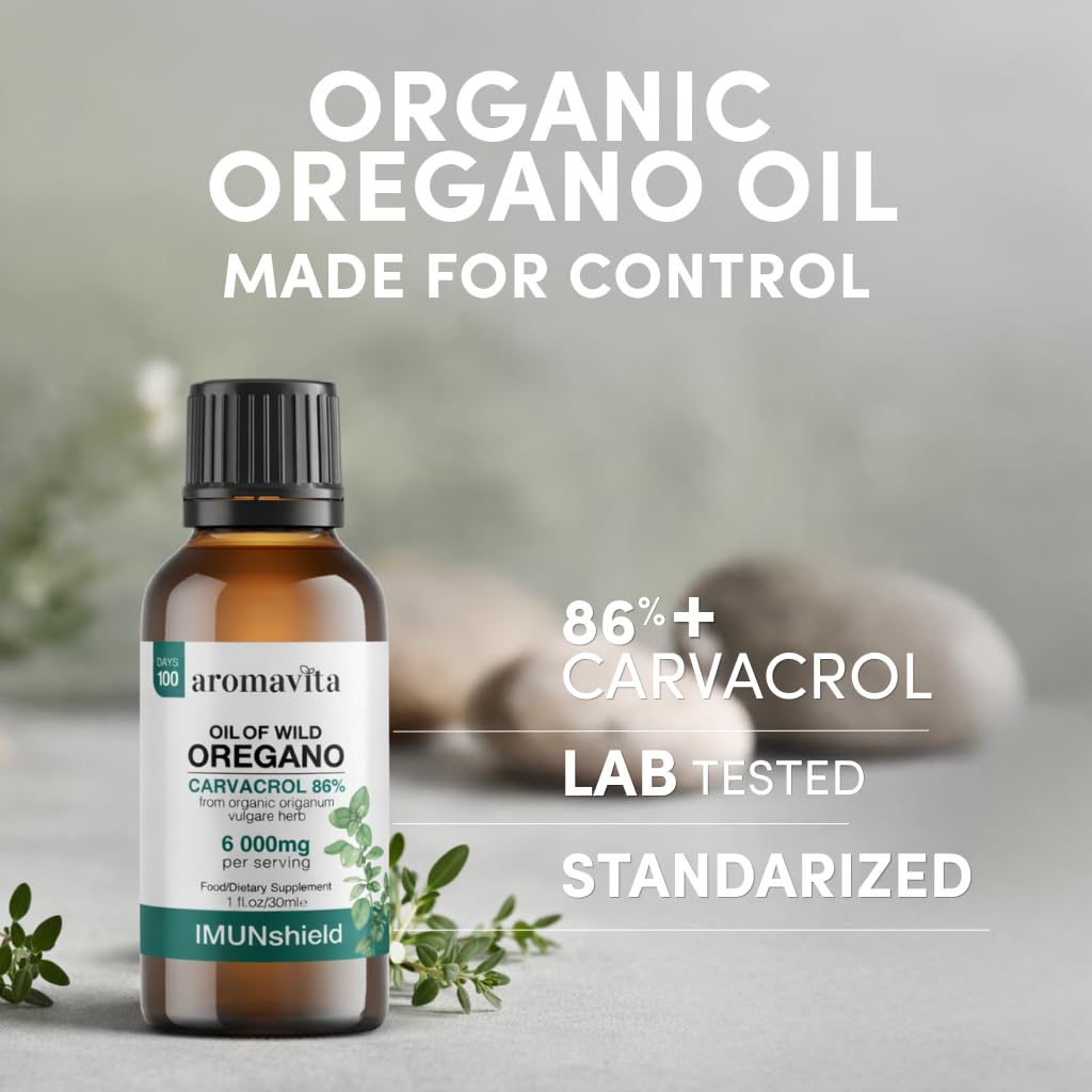 Flacon d'huile d'origan sauvage AROMAVITA avec étiquette