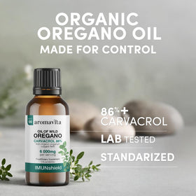 Flacon d'huile d'origan sauvage AROMAVITA avec étiquette