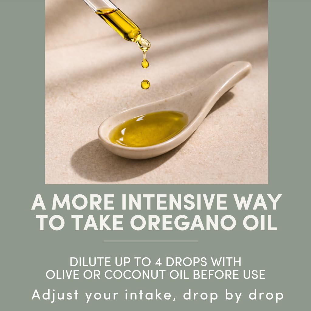 Flacon d'huile d'origan sauvage bio AROMAVITA avec arrière-plan naturel