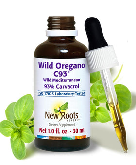 Flacon d'huile d'origan sauvage C93 de NEW ROOTS HERBAL, 1 fl oz avec étiquette