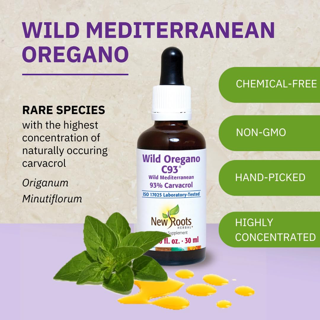 Flacon d'huile d'origan sauvage C93 de NEW ROOTS HERBAL avec un fond naturel