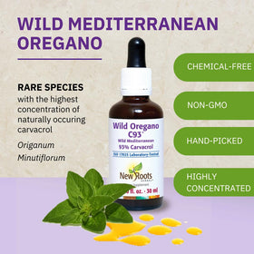 Flacon d'huile d'origan sauvage C93 de NEW ROOTS HERBAL avec un fond naturel
