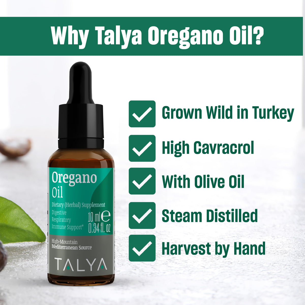 Flacon d'huile d'origan TALYA sur fond naturel