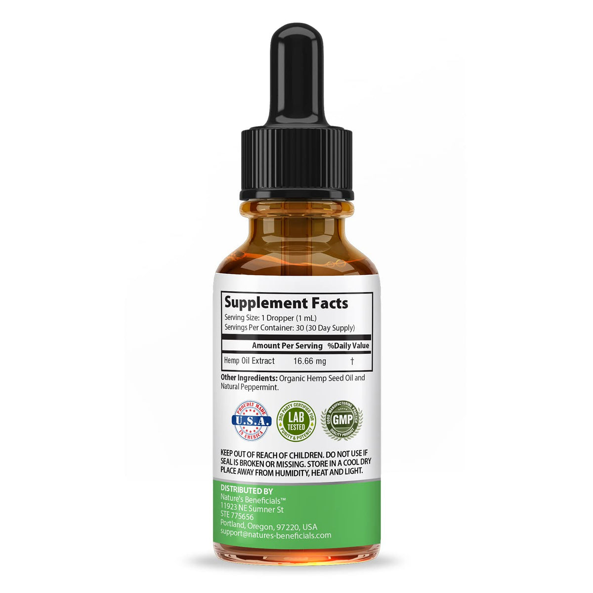 Flacon d'huile de chanvre bio NATURE'S BENEFICIALS sur surface en bois