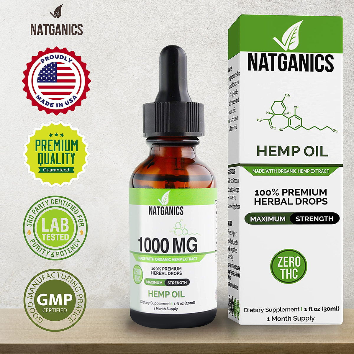 Flacon d'huile de chanvre Natganics 1000mg avec fond de plantes