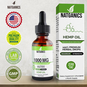Flacon d'huile de chanvre Natganics 1000mg avec fond de plantes