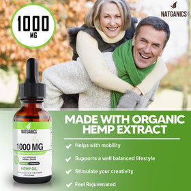 Flacon d'huile de chanvre Natganics 1000mg sur fond blanc