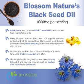 Flacon d'huile de graines de nigelle Blossom Nature avec un fond naturel