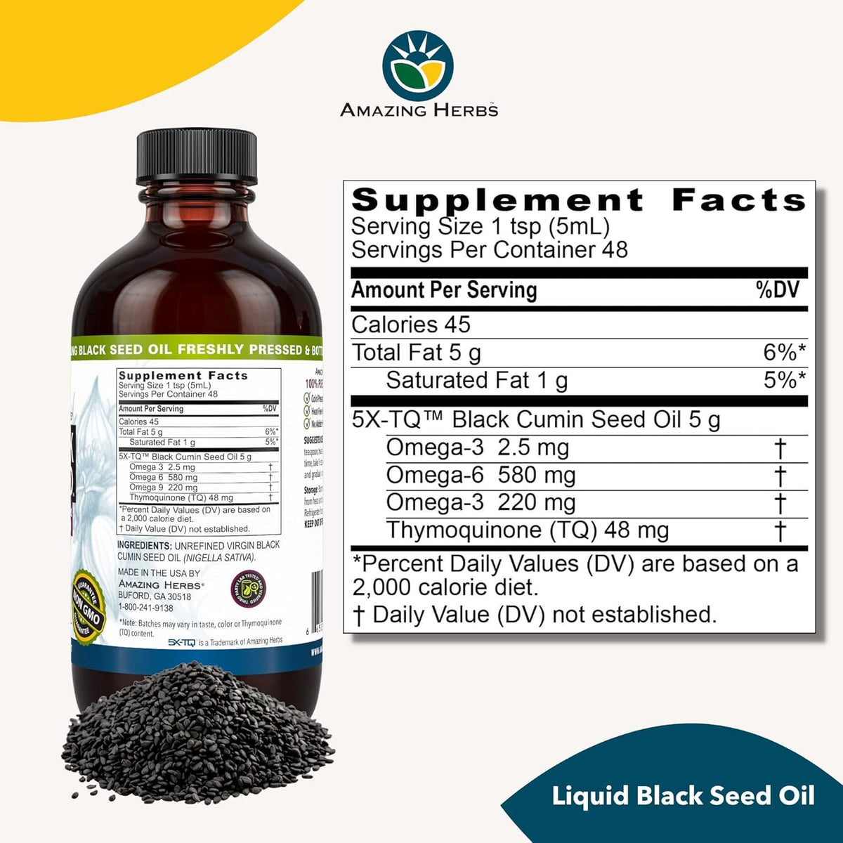 Flacon d'huile de graines noires Amazing Herbs avec des ingrédients naturels