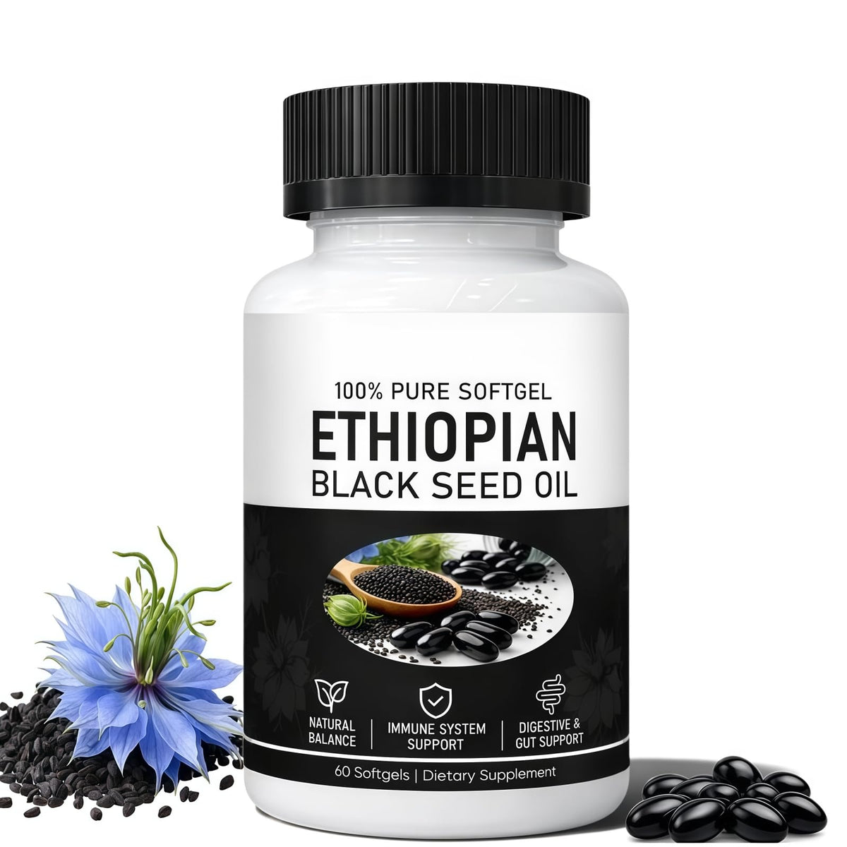 Flacon d'huile de graines noires éthiopienne POYICGS 60 gélules