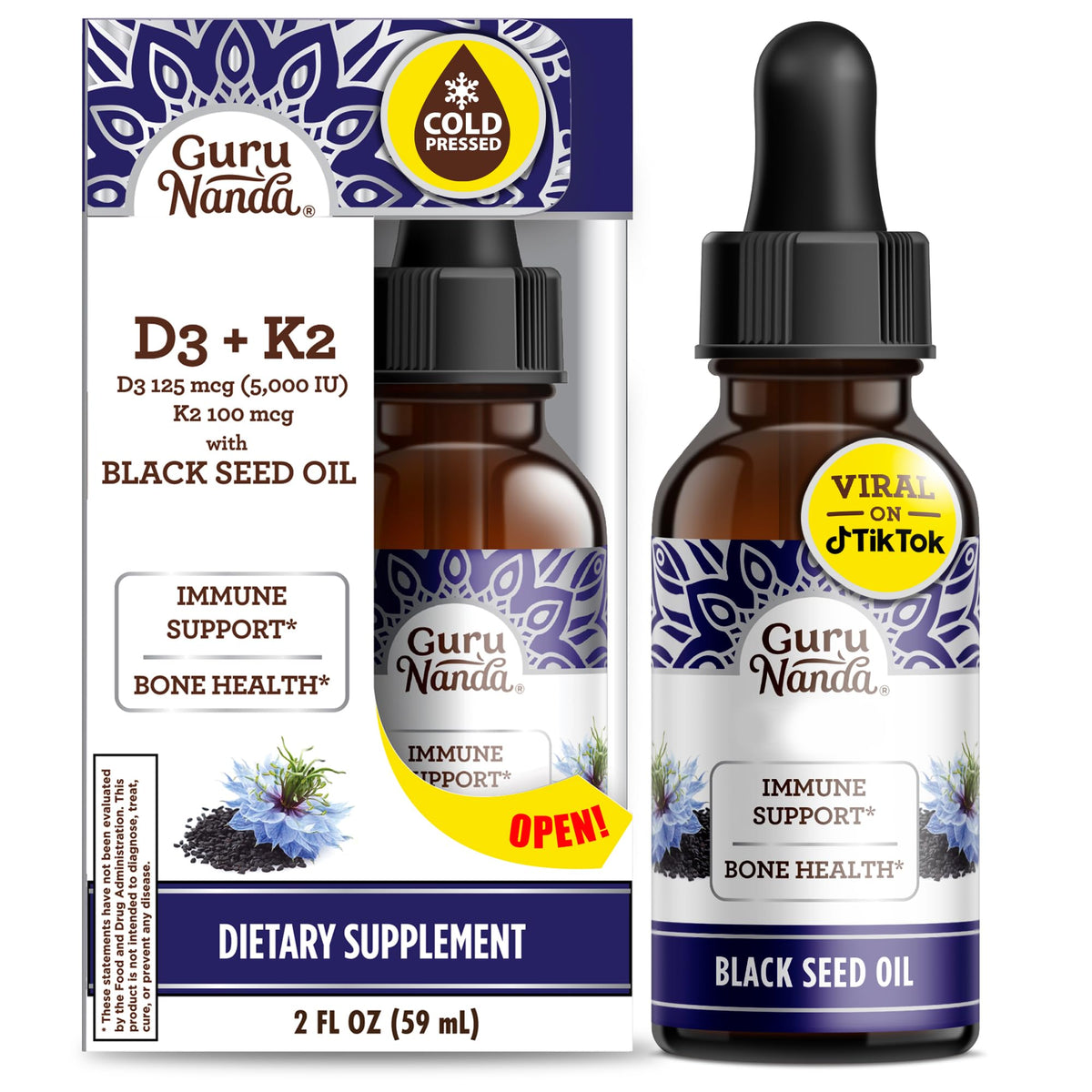 Flacon d'huile de graines noires GuruNanda 60 ml vue de face