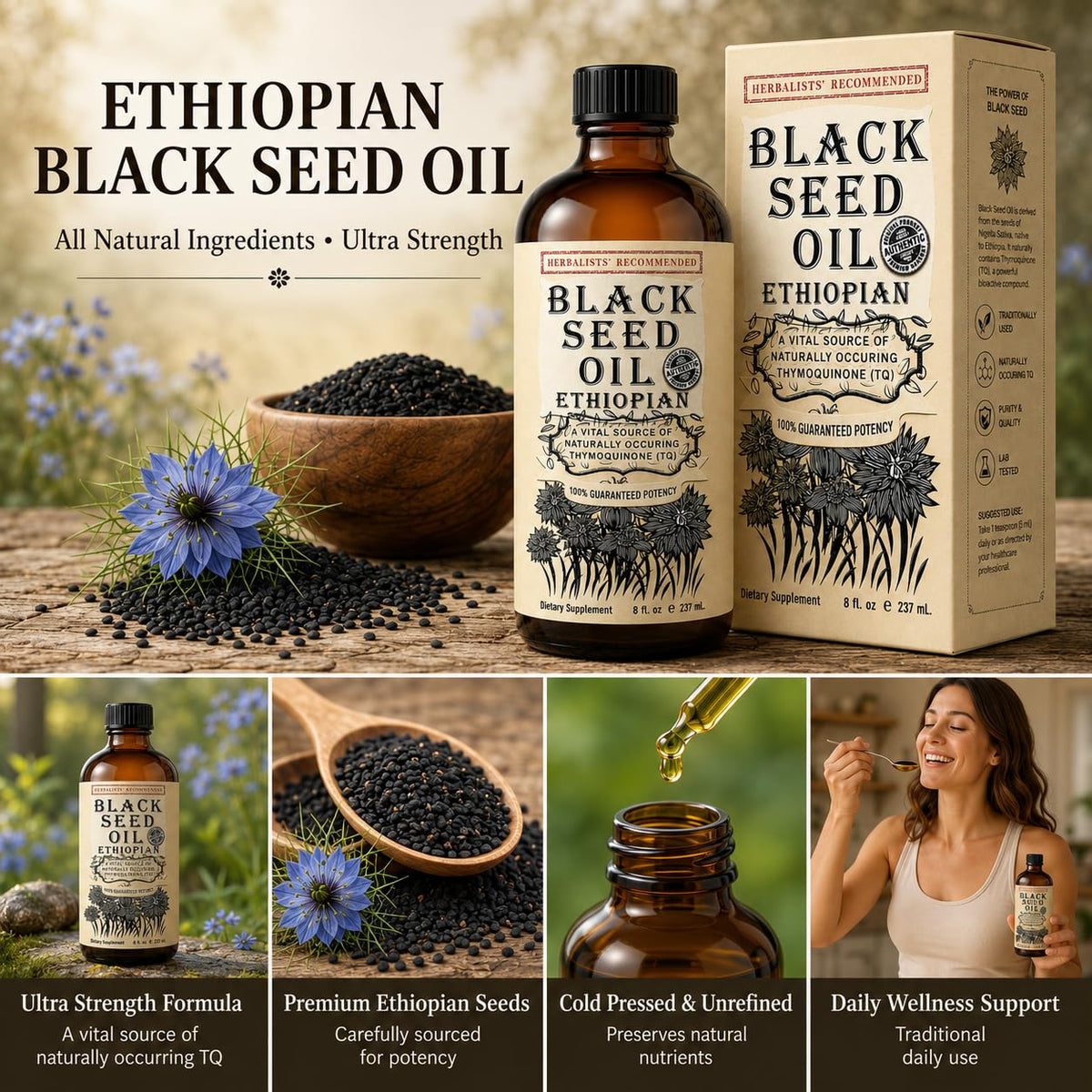 Flacon d'huile de graines noires Herbal Organic Works avec étiquette