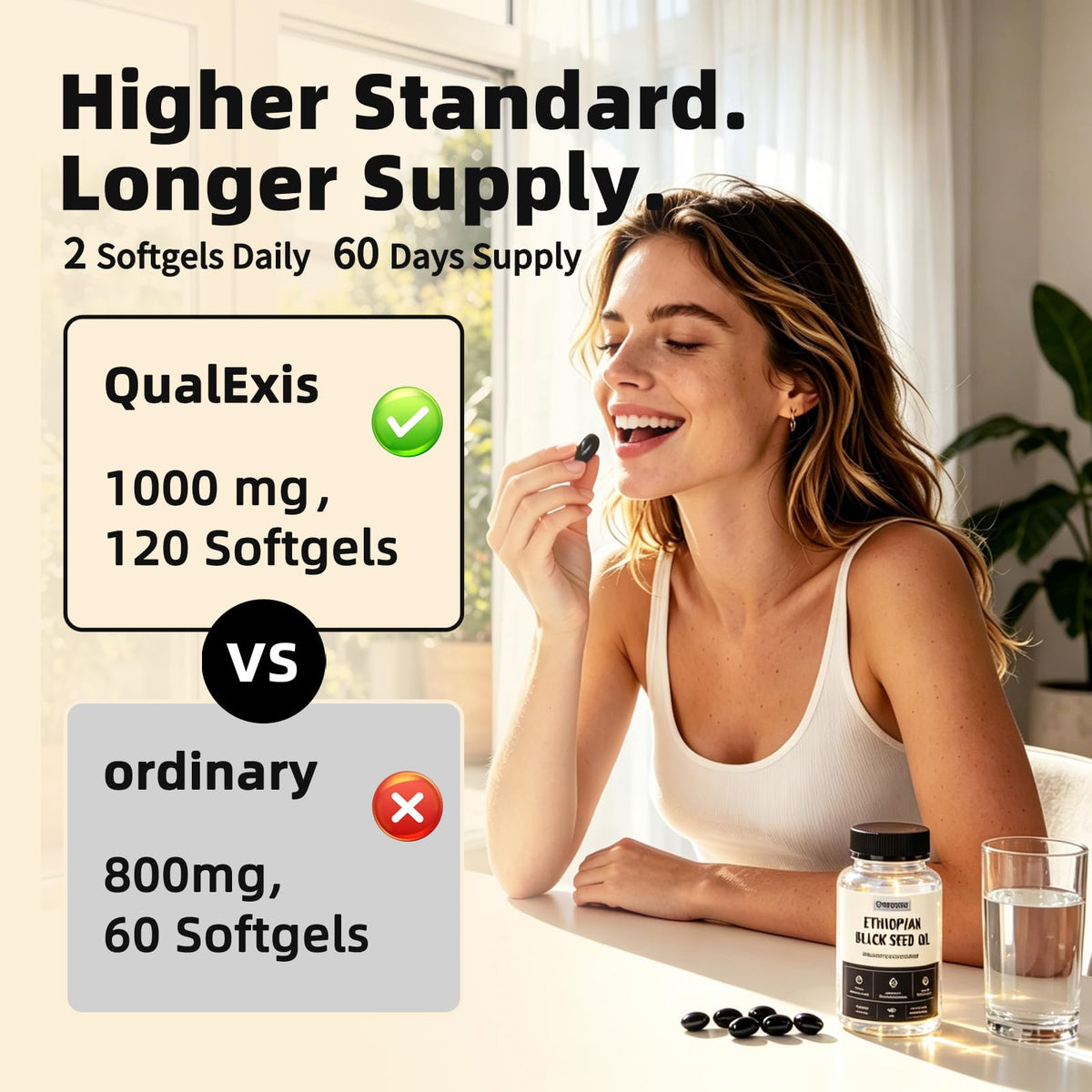 Flacon d'huile de graines noires QualExis avec capsules visibles