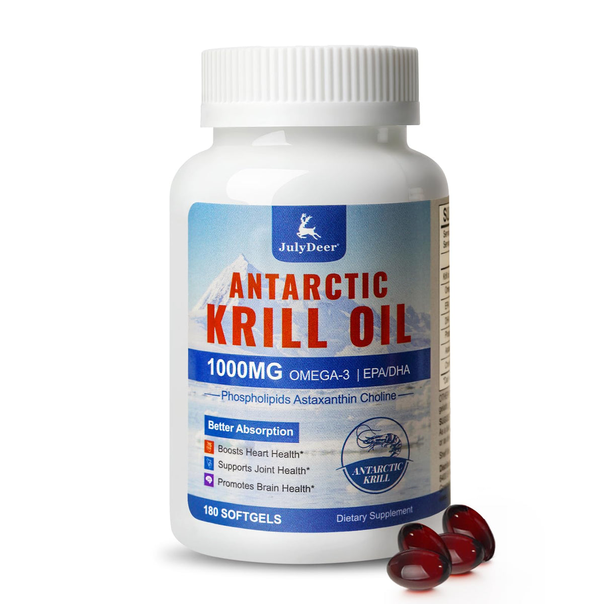 Flacon d'huile de krill JulyDeer 1000 mg 180 gélules molles