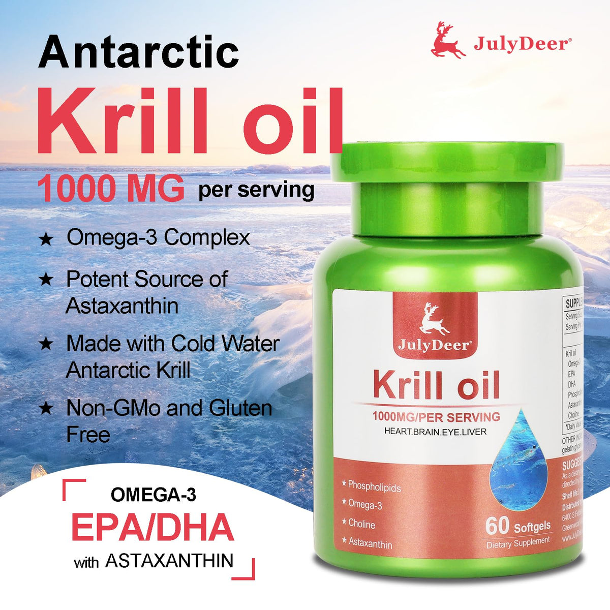 Flacon d'huile de krill JulyDeer ouvert montrant les gélules