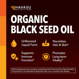 Flacon d'huile de nigelle bio HAVASU NUTRITION avec étiquette