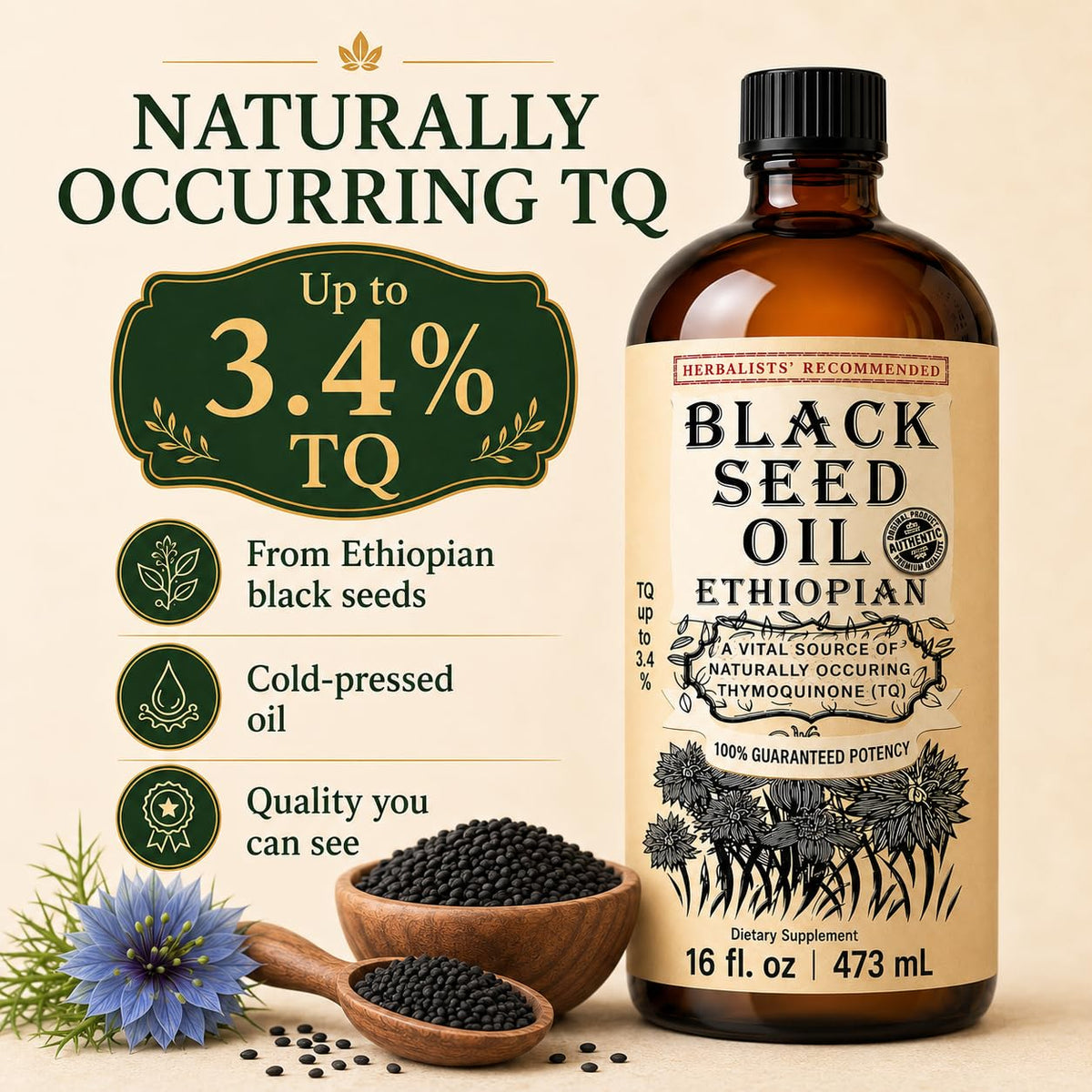 Flacon d'huile de nigelle éthiopienne avec graines de nigelle en arrière-plan