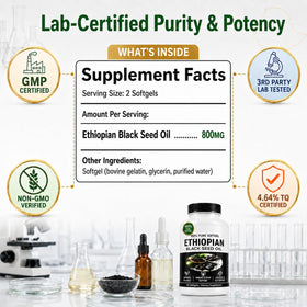Flacon d'huile de nigelle UBOMOPI avec capsules à côté