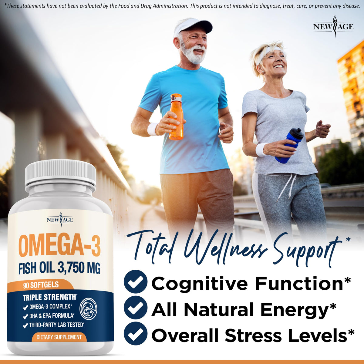 Flacon d'huile de poisson NEW AGE Omega 3 ouvert avec capsules
