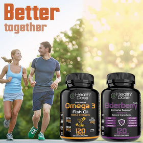 Flacon d'huile de poisson Omega 3 Health Dose ouvert avec gélules