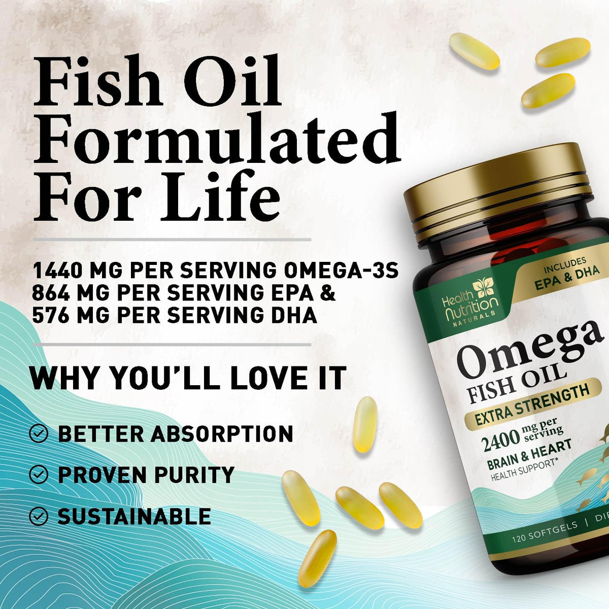 Flacon d'huile de poisson Omega 3 ouvert avec gélules à l'intérieur