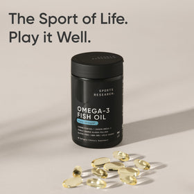 Flacon d'huile de poisson Omega-3 Sports Research avec étiquette visible