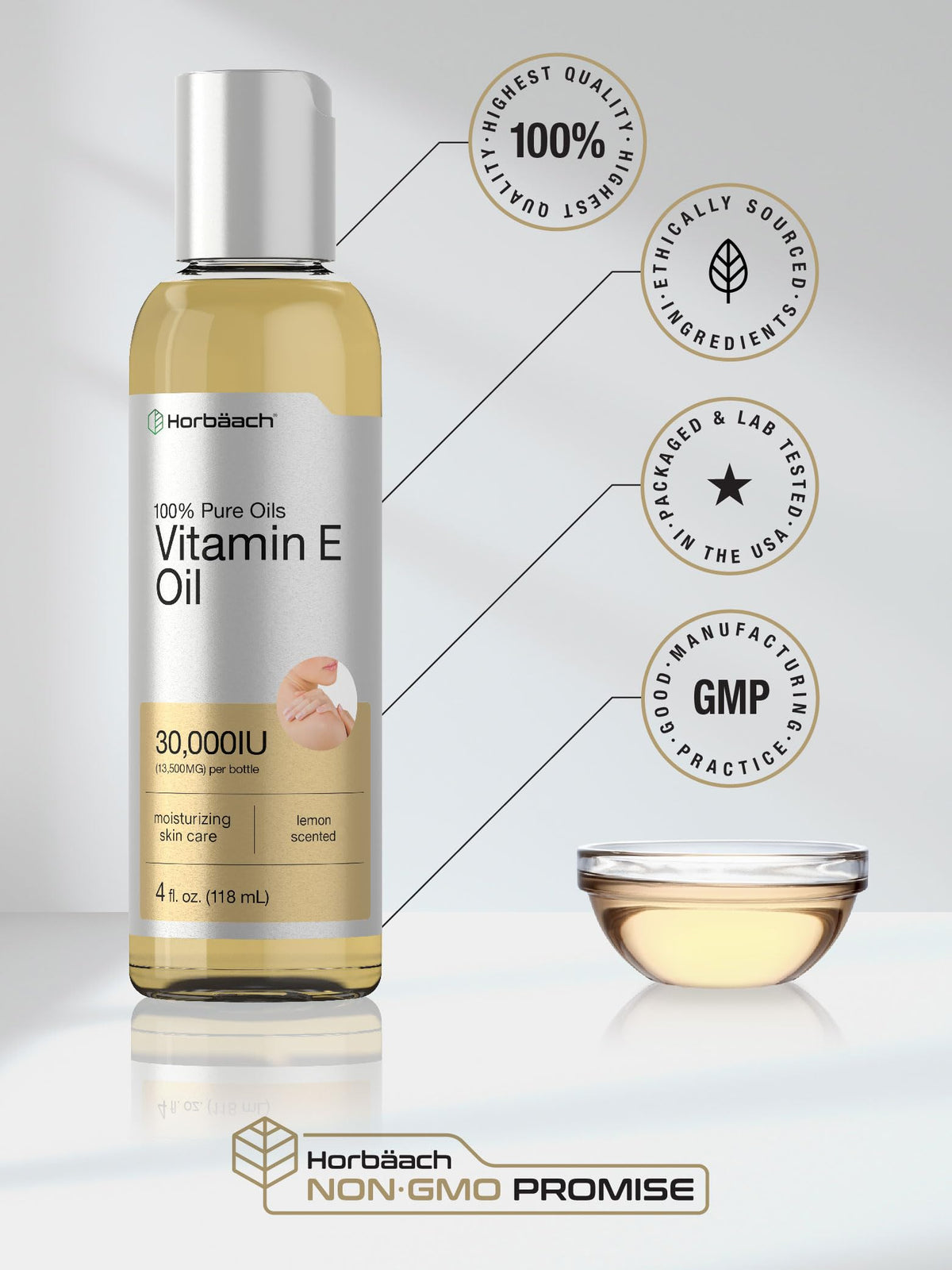 Flacon d'huile de vitamine E ouvert avec texture