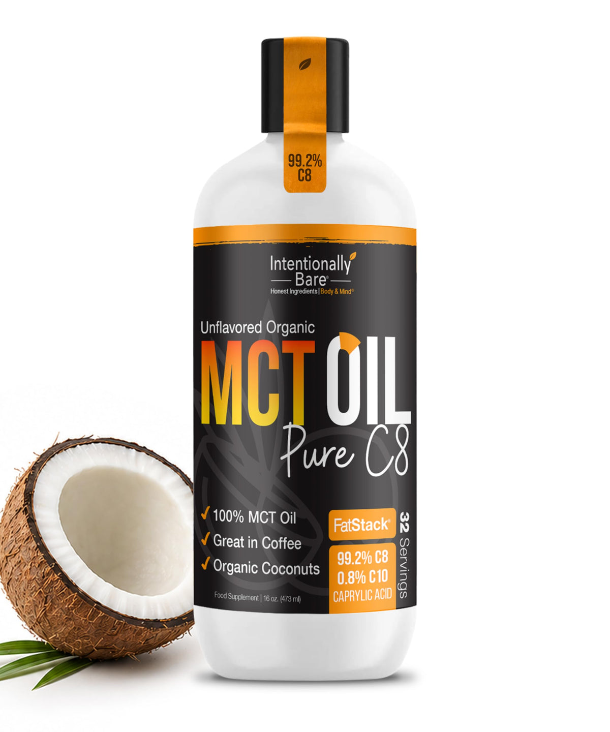 Flacon d'huile MCT C8 Bio Intentionally Bare 467g vue de face