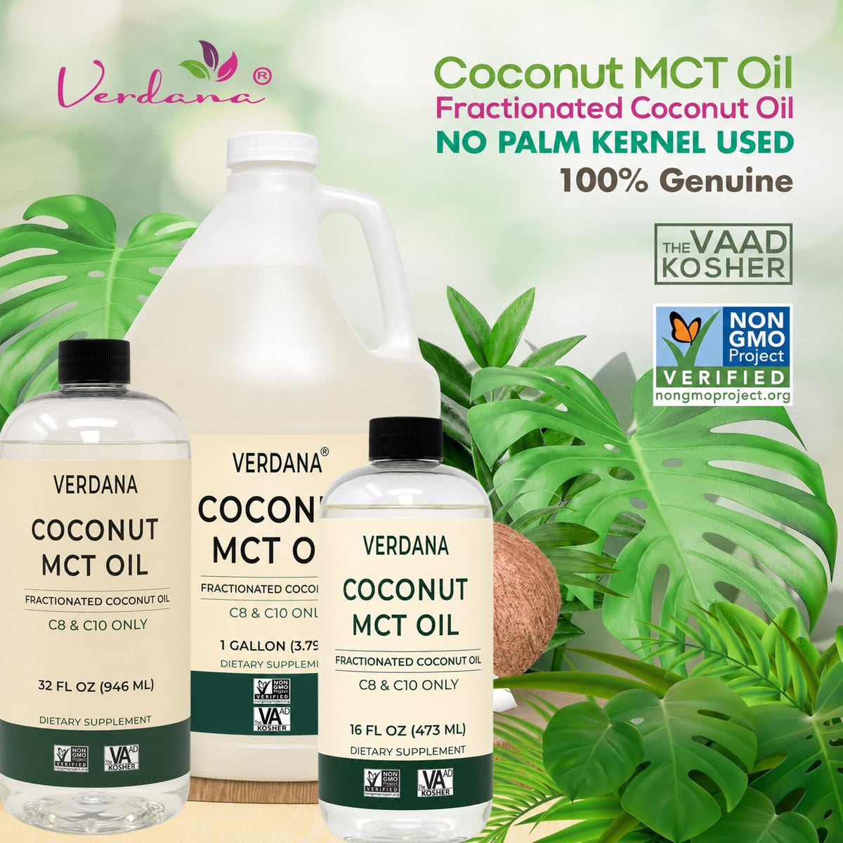 Flacon d'huile MCT Verdana 100% coco avec étiquette