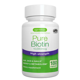 Flacon d'Igennus Clean Biotin 10 000 mcg capsules vegan vue avant