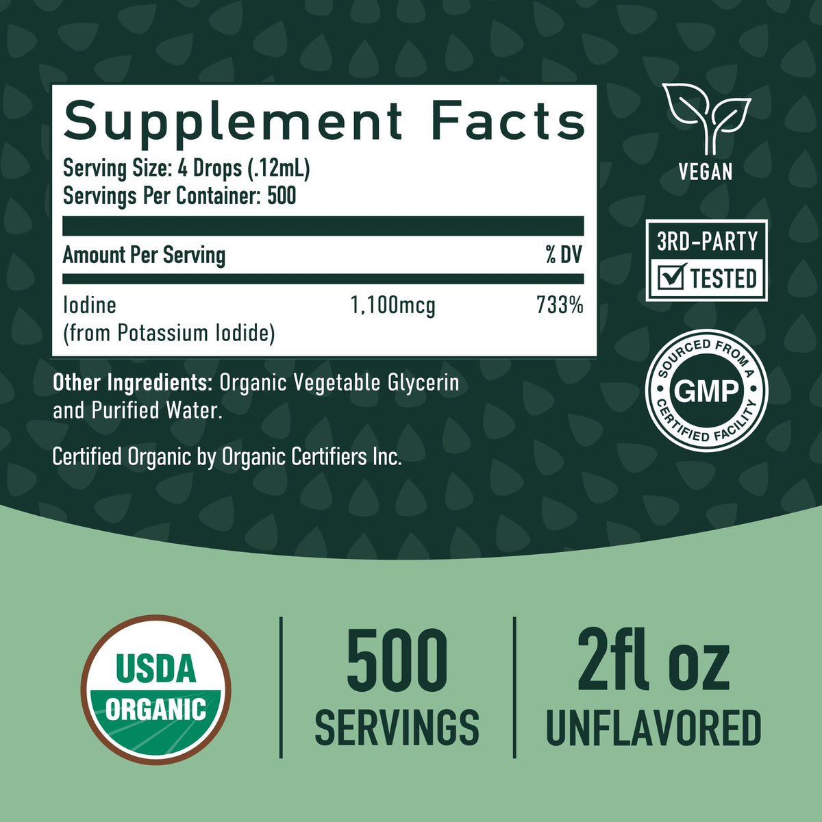 Flacon d'iode liquide bio SMNutrition avec des ingrédients naturels en arrière-plan